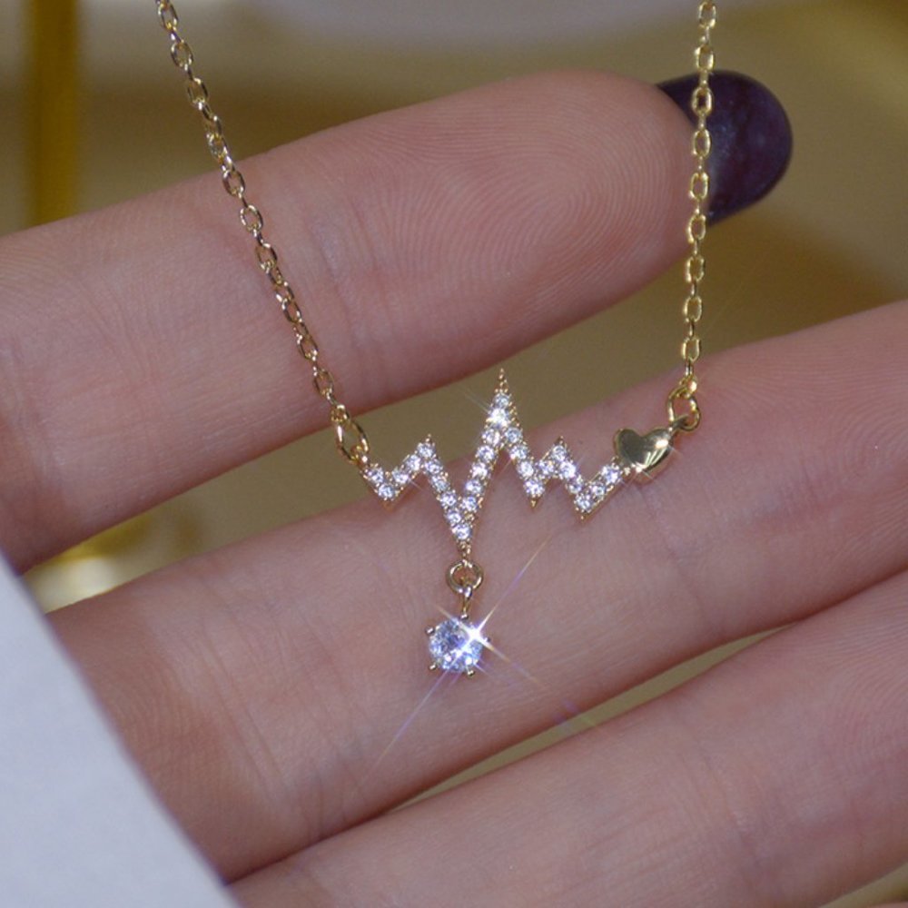 NEW 14K Gold Plated Diamond Heartbeat Necklace - Picture 1 of 8